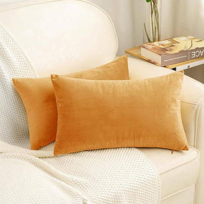 HWY 50 Orange Velvet Rectangular Throw Pillow Covers 12x20 Inch, Pack of 2 Soft Cozy Solid Decorative Fall Luxury Cushion Cases for Couch Sofa Bed Living Room Bedroom