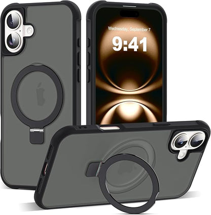 Compatible with iPhone 16 Plus Case with Invisible Magnetic O-Ring Stand Military-Grade Translucent Case for iPhone 16 Plus 6.7" [Compatible with Mag-Safe][Great Grip Feeling], Black