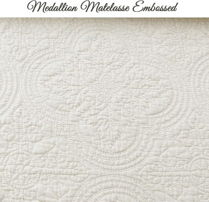 Cozy Line Home Fashions 100% Cotton Medallion Off White Matelasse Embossed Bedding Quilt Set, Reversible Lightweight Bedspread, Coverlet for All Season (Ivory, Oversized Queen - 3 Piece)