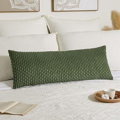 Kevin Textile 20x54 Inch Long Body Lumbar 1 Pack Boho Decorative Throw Pillow Cover Soft Striped Corduroy Rectangle Cushion Case Farmhouse Accent for Living Room Couch Sofa Bed, Moss Green