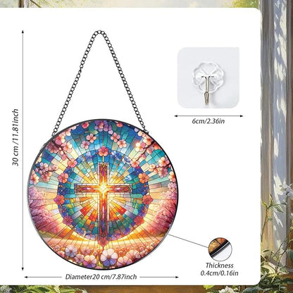 Rngmsi Cross Stained Glass Window Hanging, 7.8″ Sun Catchers with Hook Indoor Window Decor, Decorative Suncatchers Home Garden Art Gift for Thanksgiving Christmas Housewarming