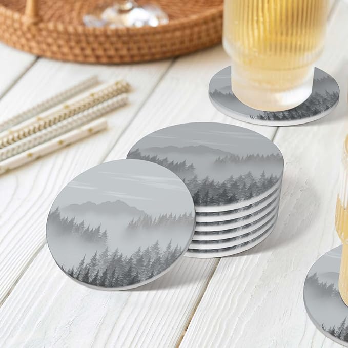 6 Pcs Ceramic Coasters with Holder Absorbent Drink Round Mountains Forest Fog Design for Home Table Coffee Cup Wine Beer Bar,Size 4.4 inches