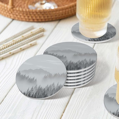 6 Pcs Ceramic Coasters with Holder Absorbent Drink Round Mountains Forest Fog Design for Home Table Coffee Cup Wine Beer Bar,Size 4.4 inches
