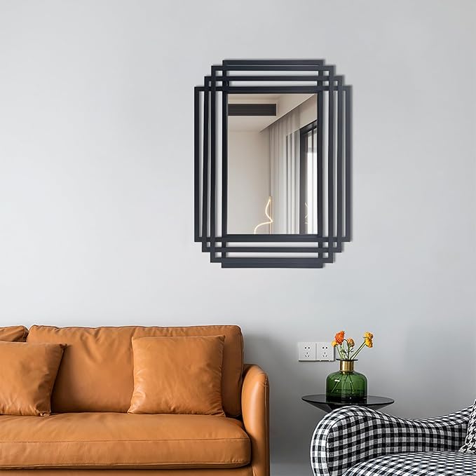 Rectangle Vanity Mirror, 24"x18" Geometric Art Deco Mirror with Metal Frame, Modern Elegant Wall Mirrors for Living Room Bathroom Bedroom Entryway, Hangs Vertically or Horizontally