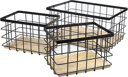happimess BSK3004A-3SET Evvie Vintage Farmhouse Wire Metal Nesting Storage Baskets with Wood Base for Shelves, Cabinets, Pantry, Countertop, Mesh Open Bin Basket, Black/Natural (Set of 3)