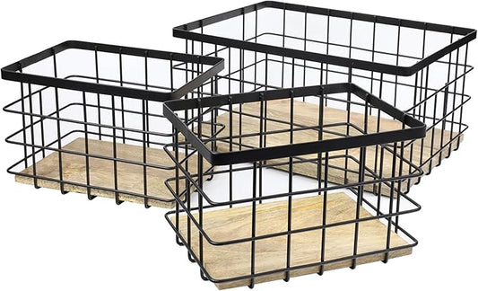 happimess BSK3004A-3SET Evvie Vintage Farmhouse Wire Metal Nesting Storage Baskets with Wood Base for Shelves, Cabinets, Pantry, Countertop, Mesh Open Bin Basket, Black/Natural (Set of 3)