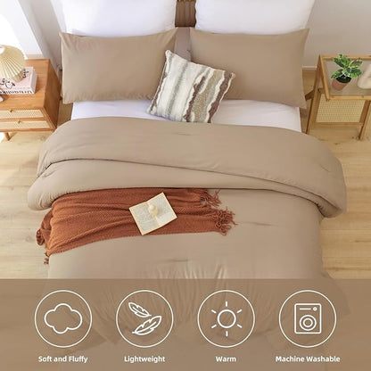 ROSGONIA Comforter Full Size for Girls Boys Teens Taupe Brown, 3pcs(1 Boho Tan Comforter & 2 Pillowcases), Lightweight Dorm Bedding All Season Bed Set