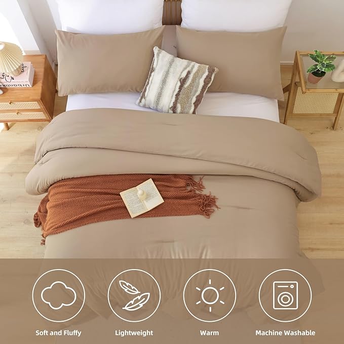ROSGONIA California King Comforter Set Taupe Brown, 3pcs (1 Boho Tan Cal King Comforter & 2 Pillowcases), Soft Bedding Lightweight Bedspread Blanket