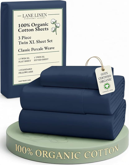LANE LINEN 100% Organic Cotton Mercerized Twin XL Sheet Set, Reinforced Seams Machine Washable Extra Long Twin Bedding Set, Luxury Hotel Quality Cotton Sheets - Navy