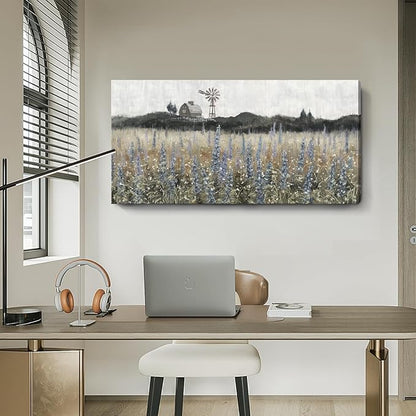 Large Wall Art for Living Room Vintage Farmhouse Decor Nature Wildflower Field Landscape Wilderness Meadow Painting Classical Scenery Canvas Print Rustic Countryside Windmill Barn Artwork 24x48inch