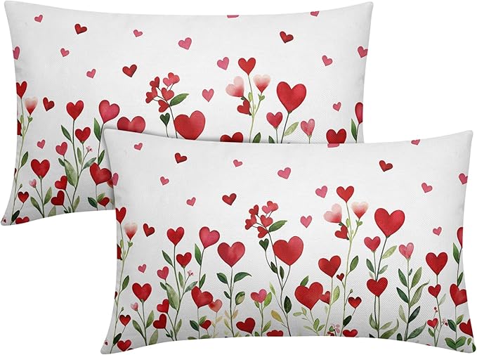 Valentines Day Pillow Covers 12x20 Set of 2 Green Red Heart Throw Pillow Covers Love Pillowcase Linen Decoration Farmhouse Holiday Cozy Soft Cushion Case Couch for Indoor Outdoor Home Decor