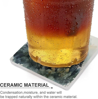 6PCS Forest Drink Coasters, Square Modern Ceramic Absorbent Coasters, Watercolor Style Nature Mountain Woodland Green Forest Flying Birds Decor Desk Coffee Table Coaster for Beverage Cup Tea Coasters