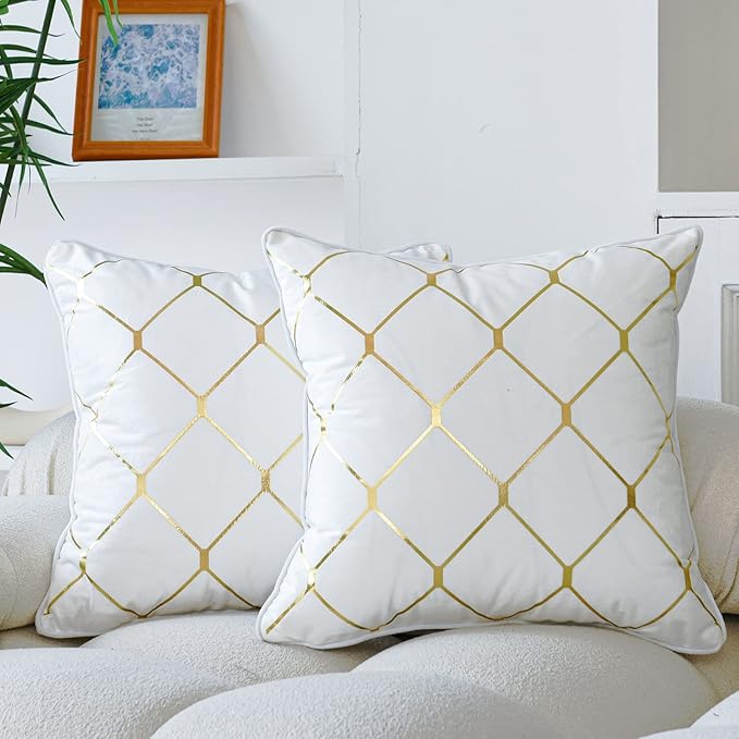 WACOMECO Gold Throw Pillow Covers, Pack of 2 Soft Velvet Decorative Cushion Covers for Couch Sofa Home Decoration, White, 16x16 Inch