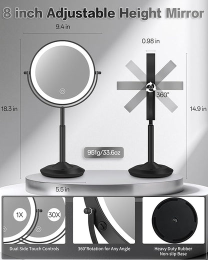 VFD 30X/1X Makeup Mirror with Lights, Height Adjustable Lighted Magnifying Vanity Mirror with 3 Lighting and Adjustable Brightness, 3000mAh Rechargeable Double Sided Switch for Desk Women Gift