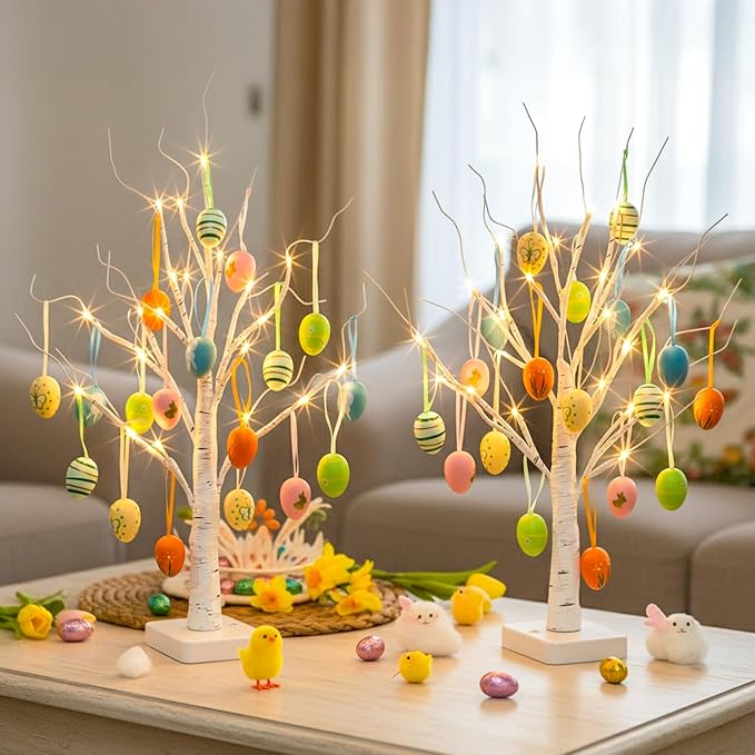 PEIDUO Easter Decorations, 24LT Easter Egg Tree for Home Decor, Lighted Tabletop Tree with 36 Multicolor Painted Eggs, Artificial Tree Decor for Spring Party Bedroom Classrooms (2PK)