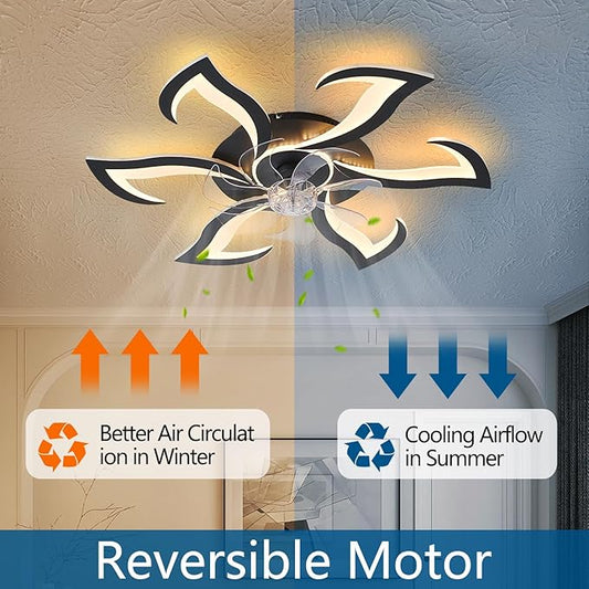 32" Black Modern Ceiling Fan with Lights Remote Control, 6 Speeds 3 Light Color Low Profile Flush Mount Ceiling Fan with Light for Kitchen Bedroom