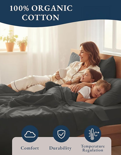 LANE LINEN 100% Organic Cotton Full Size Sheets, Hotel Like Crisp Percale Low Pill Fade Resistant Reinforsed Seam Cotton Sheets, Naturally Cooling 15" Deep Pocket Full Bedding Set- Charcoal