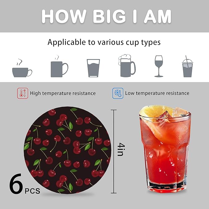 Summer Fruits Set of 6 Coasters for Drinks Absorbing Round Ceramic Stone Coaster with Cork Base,Tabletop Protection Mat for Mugs and Cups,Office,Kitchen