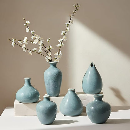 FoldTier 6 Pcs Green Mini Ceramic Bud Vase Vintage Flower Vases Ice Cracked for Farmhouse Rustic Boho Style Table Shelves Home Office Decor Gifts(Classical,Green)