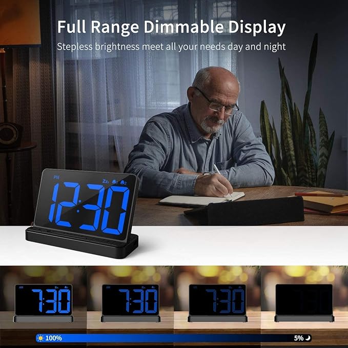 NOKLEAD Digital Alarm Clock for Bedroom: Large 6.5-inch LED Display, Stepless Brightness, 9-Mins Snooze, USB Charging Port, 2 Alarm with 5 Ringtone 3 Volume, Easy to Use for Kids Seniors (Black)