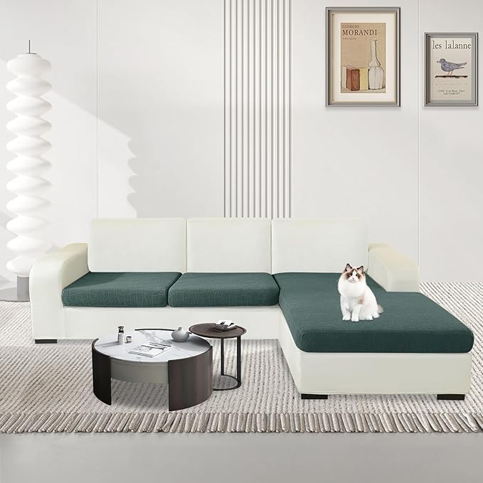 MAXIJIN Waterproof 3 Pieces Couch Cushion Covers for Sectional Sofa Seat Slipcover Stretch Sectional Couch Cover for L Shape Left/Right Chaise with Elastic Bottom (2 Seater + 1 Chaise, Pea Green)