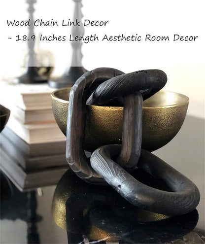 Wood Chain Link Decor - 18.9 Inches Length Aesthetic Room Decor, 5-Link Wood Chain Boho Decor for Living Room, Farmhouse Decor, Coffee Table (Black)