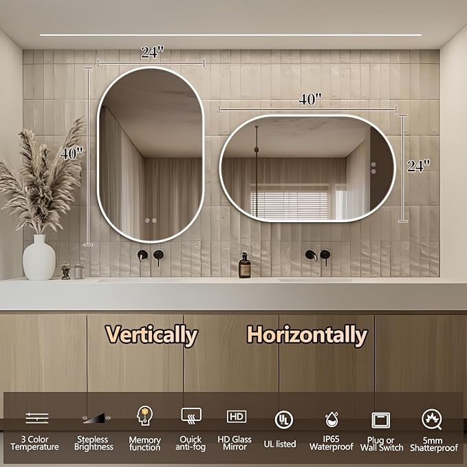 Niccy Oval LED Bathroom Vanity Mirror, 40"x24" Front lit Mirror with Light, Smart Anti-Fog Waterproof Mirror with Memory Function Dimmable Lighted Mirror