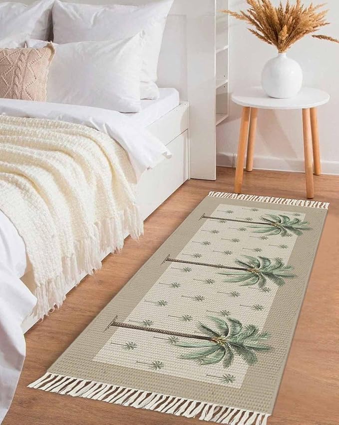 Tropical Palm Tree Hallway Runner Rug 2X6 Ft Kitchen Carpet, Washable Woven Brown Summer Beach Plant Throw Carpet with Tassel, Non-Shedding Farmhouse Retro Green Botanical Bedroom Laundry Rugs