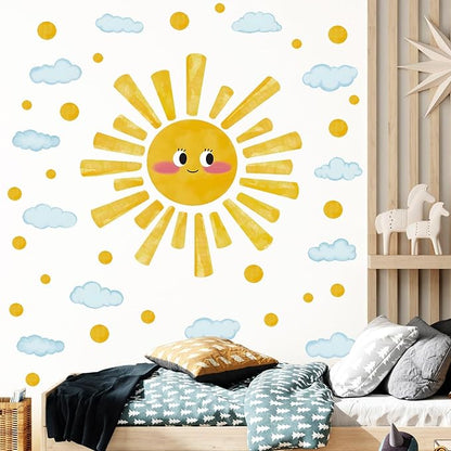 Large Sun Wall Decals Watercolor Cloudy Wall Stickers for Kids Room, Smile Sun Polka Dots Clouds Wall Decor Stickers Peel and Stick Art Murals Decorations for Nursery Classroom Bedroom