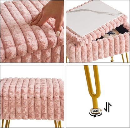 IBUYKE Rectangle Vanity Chair with Storage Space, Footrest Footstool Ottoman, Vanity Stool, Dressing Table Chair, with Anti-Slip Feet, for Makeup Room, Bedroom, Square Grid Pattern, Pink WBD004P