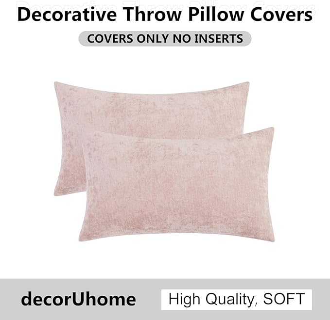 decorUhome Chenille Blush Pink Spring Throw Pillow Covers 12x20 Inch Set of 2, Decorative Soft Couch Pillow Covers Solid Dyed Accent Farmhouse Neutral Rectangle Pillow Cases for Sofa