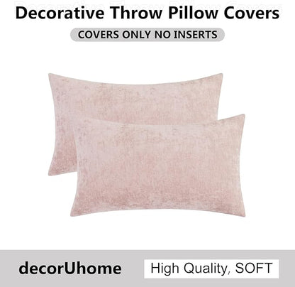 decorUhome Chenille Blush Pink Spring Throw Pillow Covers 12x20 Inch Set of 2, Decorative Soft Couch Pillow Covers Solid Dyed Accent Farmhouse Neutral Rectangle Pillow Cases for Sofa