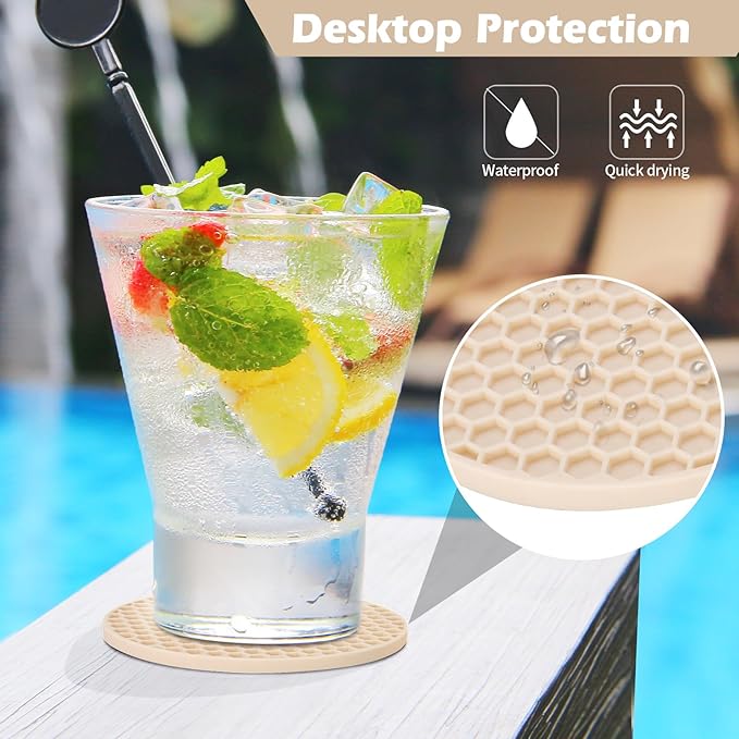 Tapioca Silicone Coasters Set of 16 with Holder, Drinks Coasters, Suitable for Hot or Cold Cups, Anti-Slip, Non-Stick, Anti-Overflow Tabletop Protection and Decor