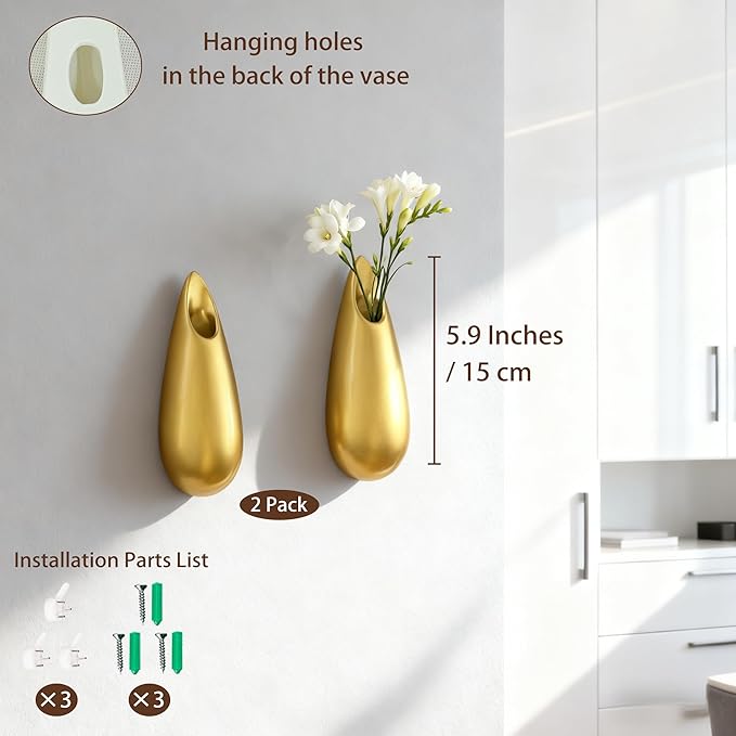 Sculptural Wall Ceramic Vase — 2 Pack Gold Hanging Sconce Vase | Turn Flowers into Art — Decorative Ceramic Wall Sconce for Single Stem Displays