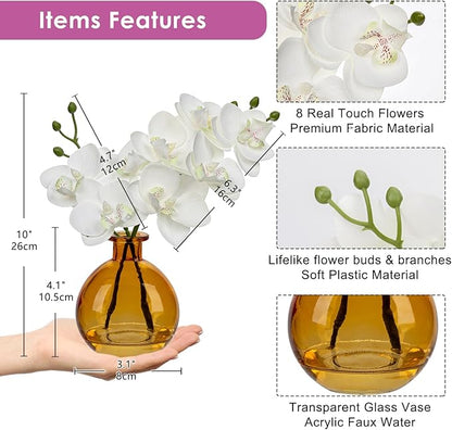 White Orchids Artificial Flowers Faux Orchid Arrangement with Amber Glass Vase Set of 2 Real Touch Phalaenopsis Orchid Flowers Orchid Centerpiece for Dining Room Table