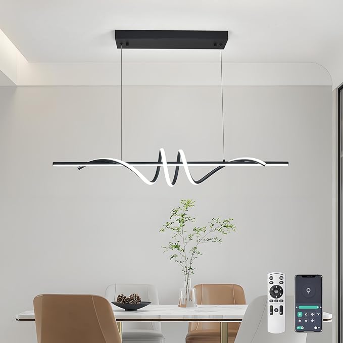 Modern LED Pendant Light, 39.37in Black Chandelier Dimmable with Remote & Phone Control,3000K-6000K Adjustable Color Temperature, Aluminum Modern Kitchen Light Fixture for Dining Room