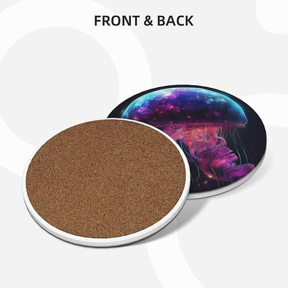 6 Pcs Ceramic Coasters with Holder Absorbent Drink Round Fantasy Starry Sky Galaxy Gellyfish Design for Home Table Coffee Cup Wine Beer Bar,Size 4.4 inches