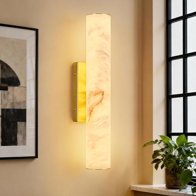 LMQNINE Natural Alabaster Wall Sconces Spanish Marble Wall Light Cylinder Modern Gold LED Sconce for Living Room Bedroom Bathroom Stairs（S-1Pack）