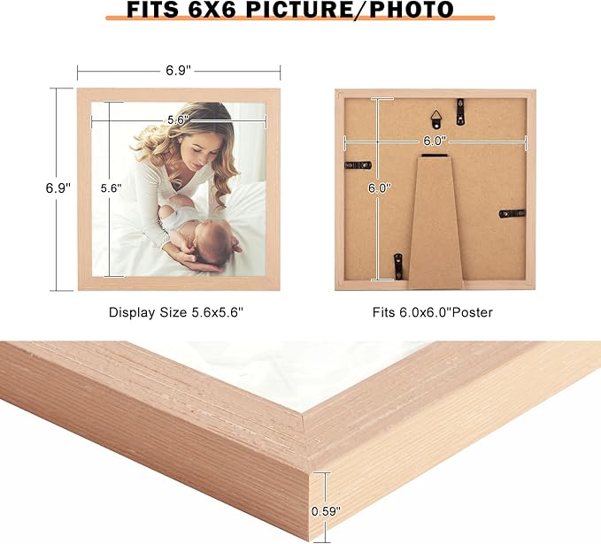 6x6 Picture Frame Woodgrain, Rustic Natural 6x6in Photo/Portrait/Poster/Art Frame, Wall Hanging/Tabletop, Horizontal/Vertical Display Gallery Family Wedding Memorial Pic Frame Gift