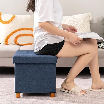 PINPLUS Storage Ottoman Cube, White Linen Footrest with Wooden Legs, Foldable Fabric Footrest, Comfortable Seat with Lid, Ottoman with Storage for Living Room, 15" x 15" x 15"，Blue