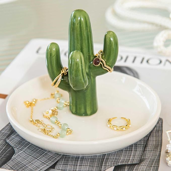 Cactus Ring Holder Dish, Ceramic Jewelry Tray Trinket Dish for Necklace Keychain Organizer, Cute Funny Birthday Wedding Mothers Day Gift for Women Friends Girls
