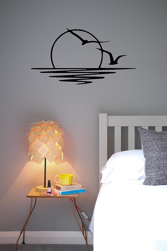 Benziso Sun Metal Wall Art Abstract Sunset with Seagulls Metal Wall Decor Minimalist Sunrise Line Art for Living Room Kitchen Bathroom Indoor Outdoor