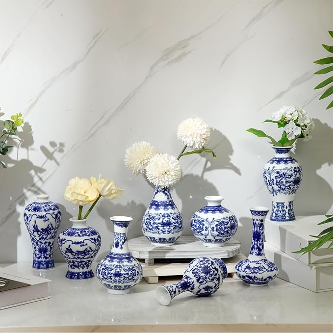 Dandat 8 Pcs Mini Chinoiserie Bud Vases Ceramic Blue and White Floral Chinese Porcelain Vase Set for Shelf Table Centerpieces Home Decor(Fresh)