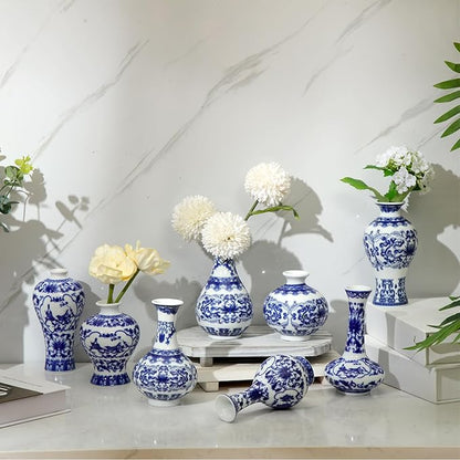 Dandat 8 Pcs Mini Chinoiserie Bud Vases Ceramic Blue and White Floral Chinese Porcelain Vase Set for Shelf Table Centerpieces Home Decor(Fresh)