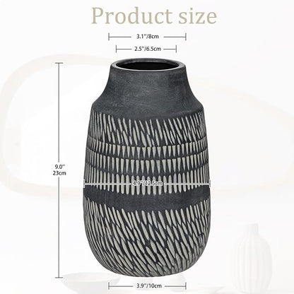 9" Textured Vase with Linear Stripe, Rustic Ceramic Vase for Home Office Tabletop Decor, Industrial, Vintage & Farmhouse Style, Slender & Dark Grey