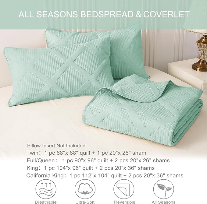 Exclusivo Mezcla Twin Size Quilt Set - Light Green Quilts Bedding Set with 2 Pillow Shams, Modern Bedspread with Striped Pattern, Soft Lightweight Bedspreads Coverlets for All Seasons