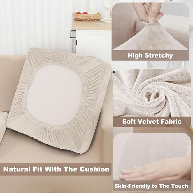 NAISI Sectional Couch Covers 6 Pieces Velvet Couch Cushion Covers L Shape Soft Stretch Sofa Slipcovers with 2pcs Pillowcases for Left/Right Chaise Sectional Couch(2 Seater+1 Chaise+3 Back,Beige)