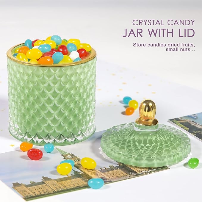 Candy Dish with Lid Glass Decorative Box, Vintage Jewelry Box, Small Candy Jar with Lid Crystal Apothecary Decor Box, Birthday Gifts For Friends Female (Green)