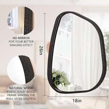 Irregular Wall Mirror Modern Oval Asymmetrical Wooden Framed Unique Hanging Mirror Artistic Wavy Mirror Decor Bathroom Vanity Bedroom Living Room Entryway Hallway 26"x18"