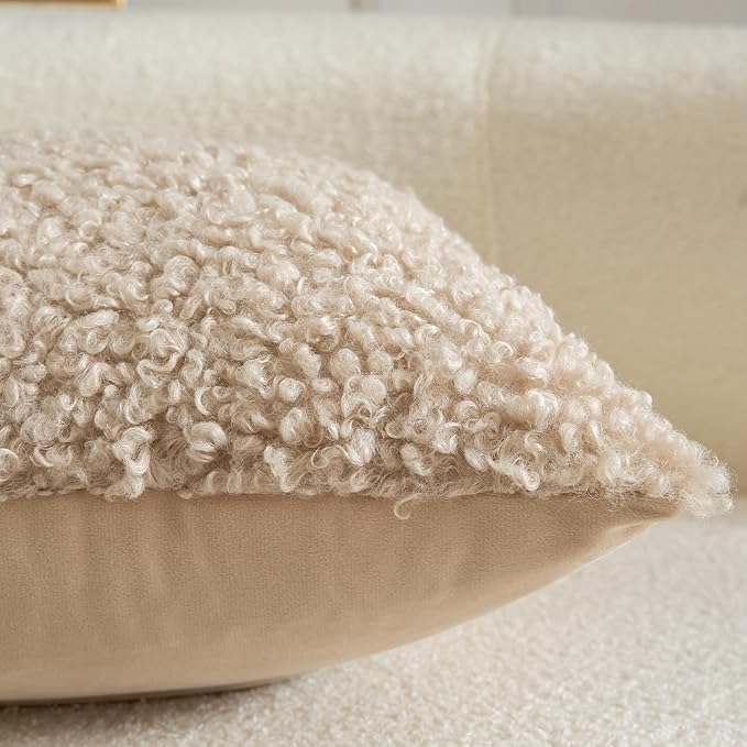 Yaertun Pack of 2 Faux Fur Throw Pillow Covers Decorative Sherpa Boucle Pillow Covers Fuzzy Soft Pillowcases Sheepskin Fleece Cushion Case for Couch Sofa Bed Living Room 24x24 Inch Oatmeal